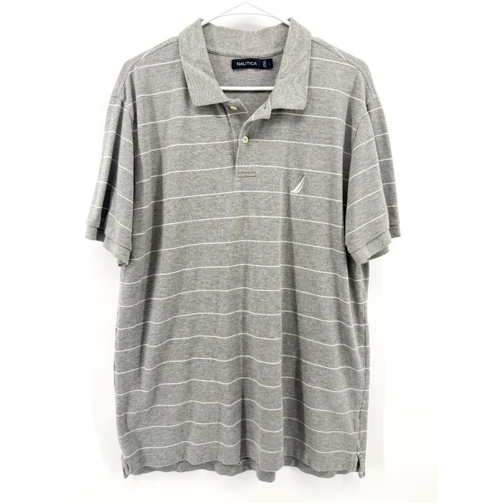 Nautica Polo Shirt Gray White Stripe Casual Dad Golf Resort Cotton Coastal Men L